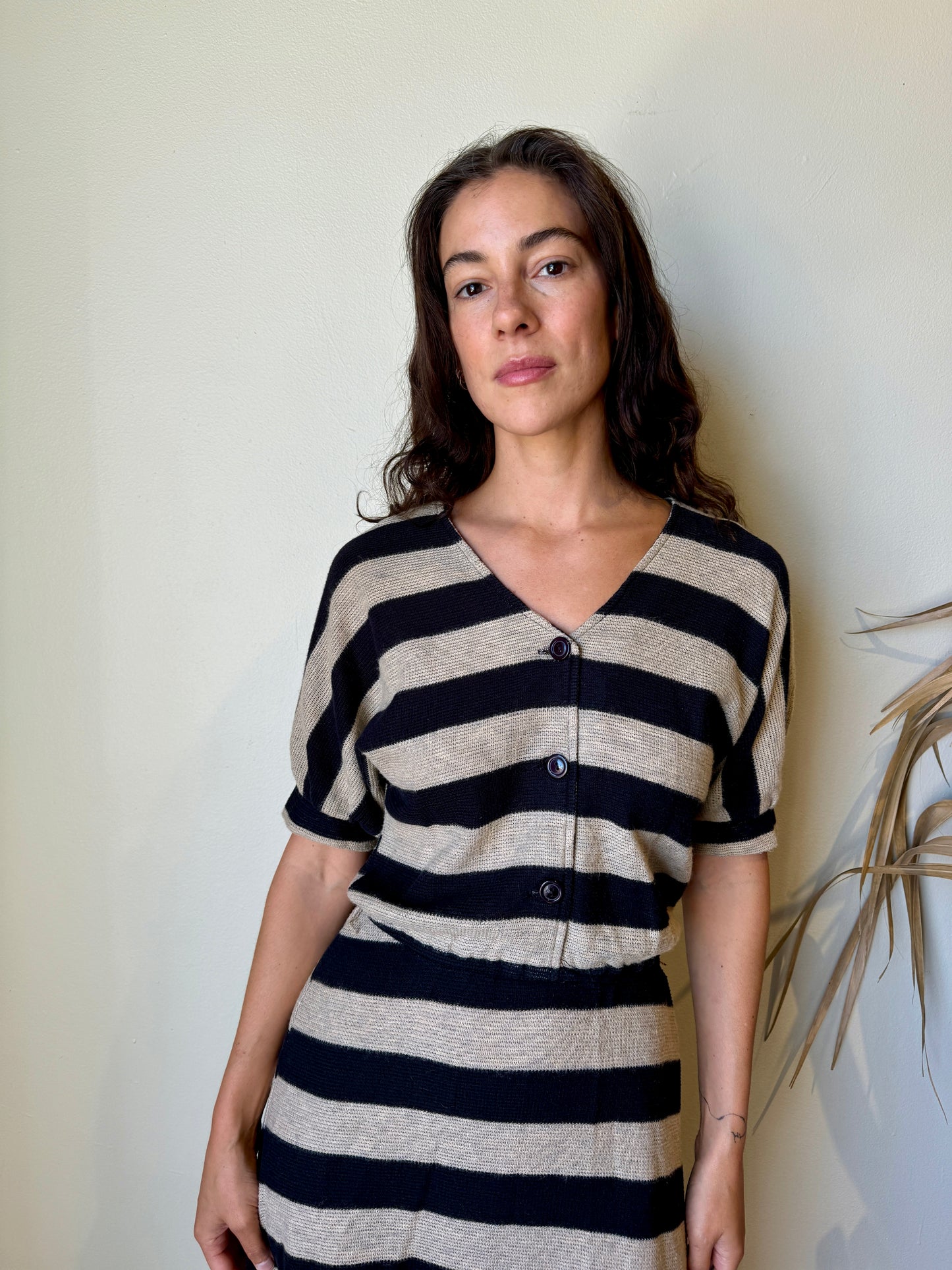 close up 80's tan black striped knit maxi dress