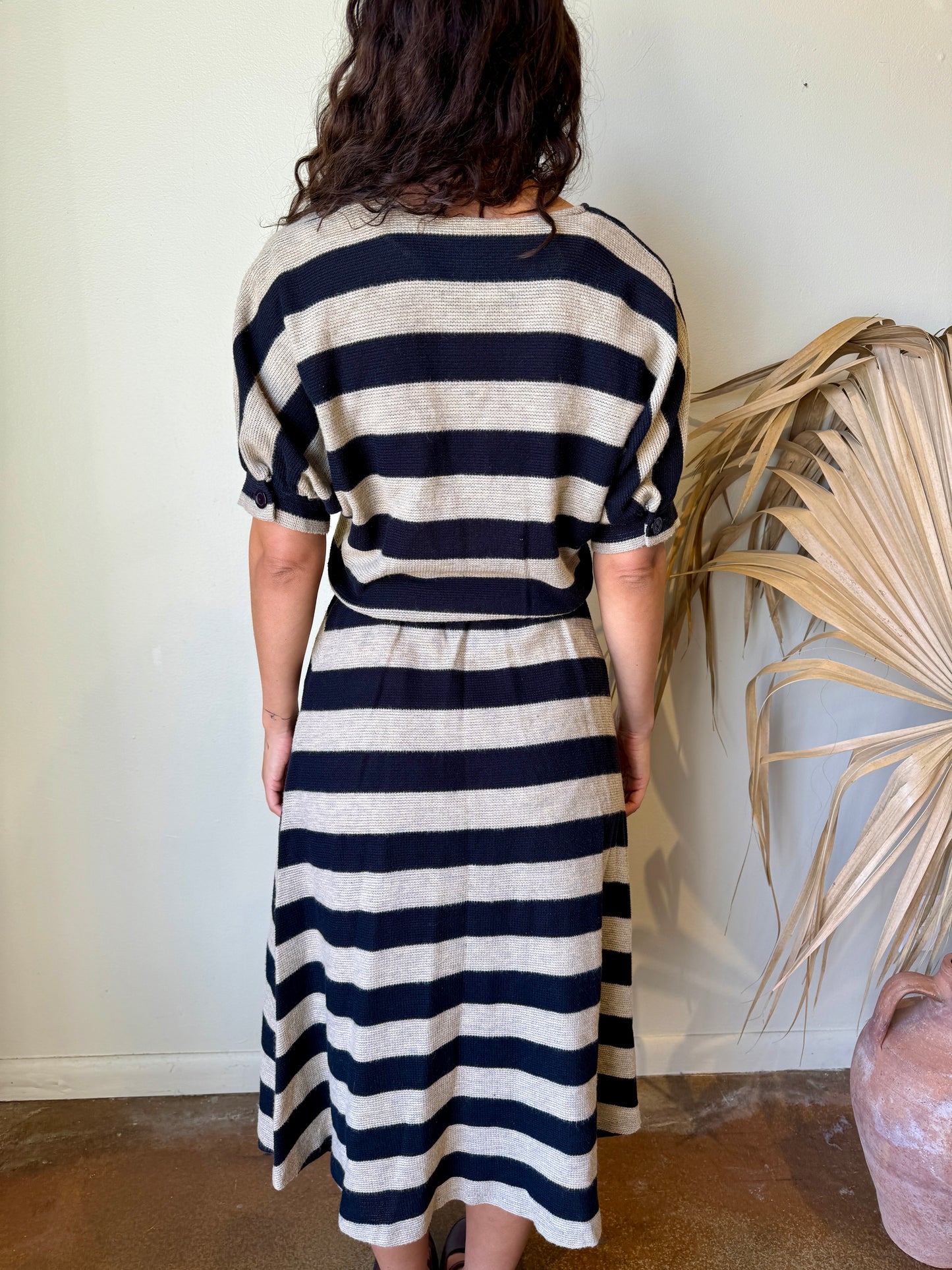 back view 80's tan black striped knit maxi dress