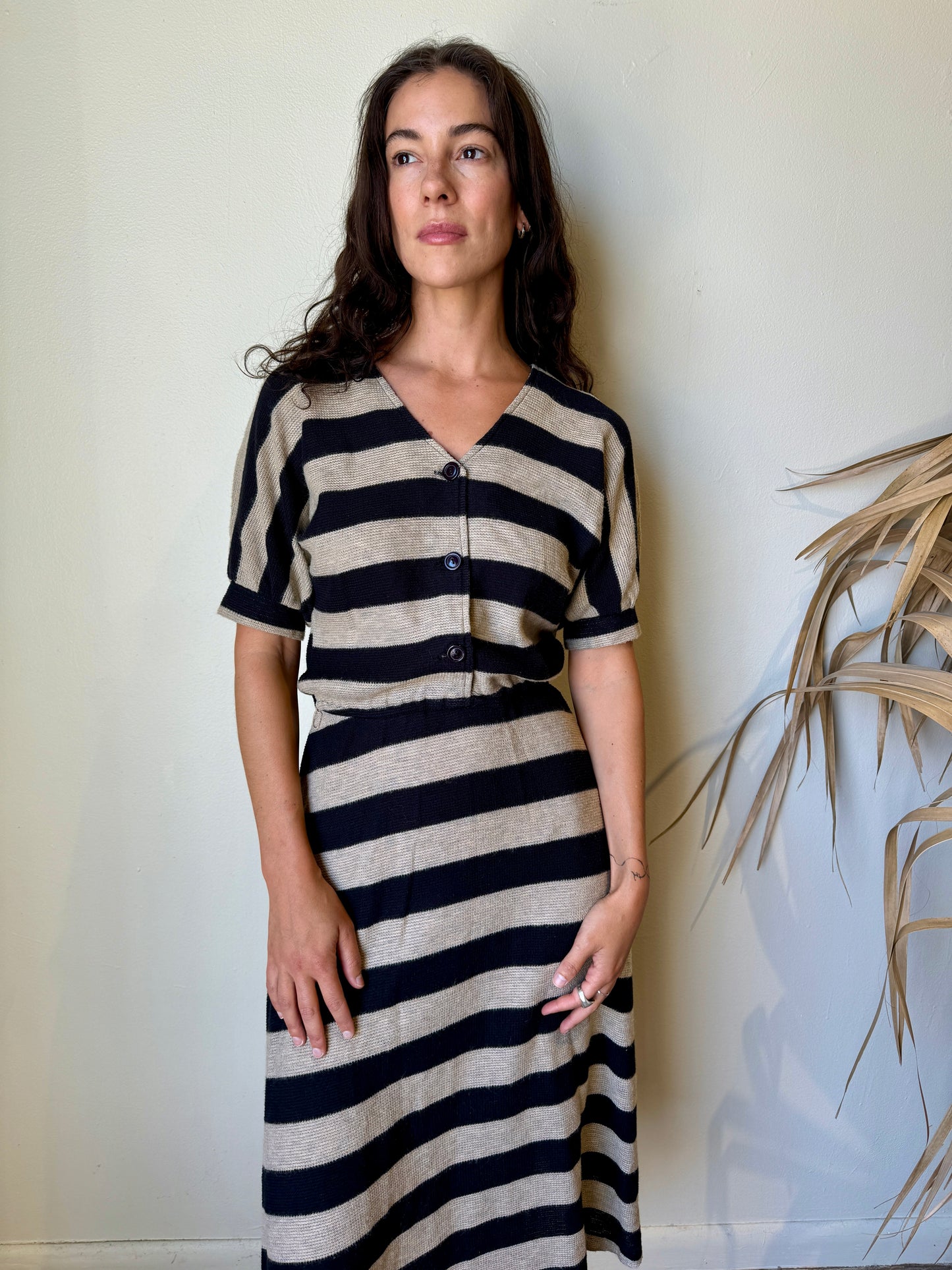 alt view 80's tan black striped knit maxi dress