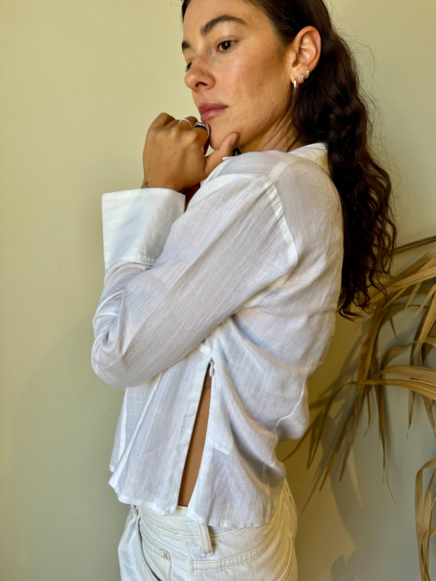 side shot white linen corset blouse