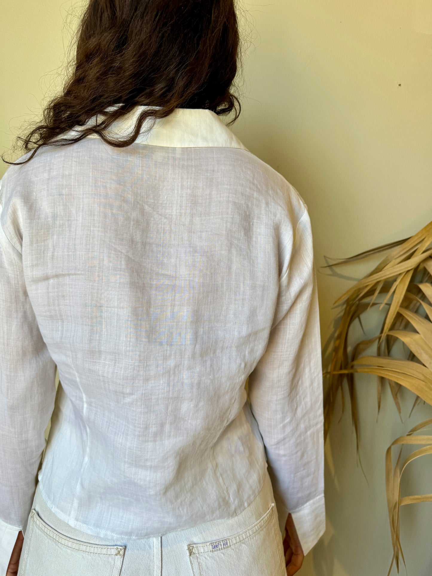 back view white linen corset blouse