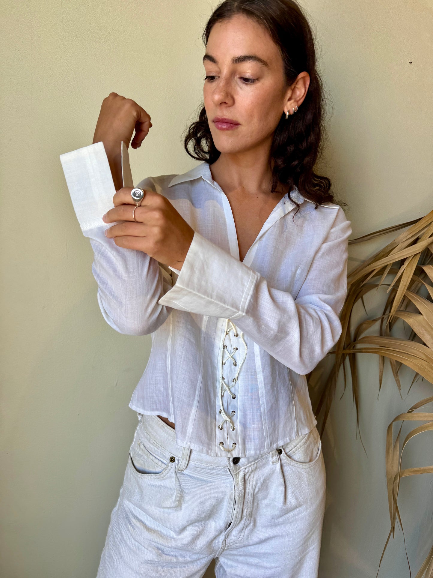 cuff detail white linen corset blouse