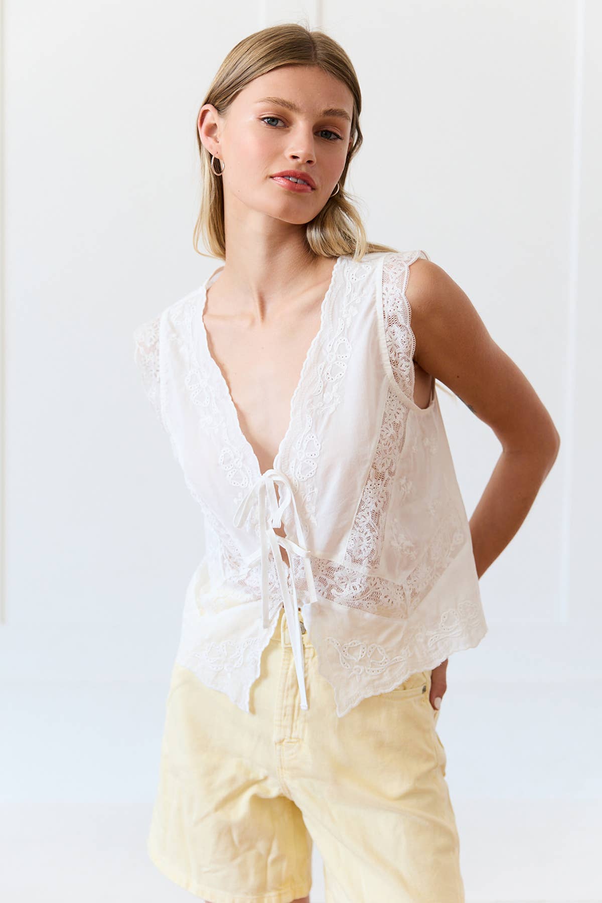 Jamie Lace Trim Tie-Front Top