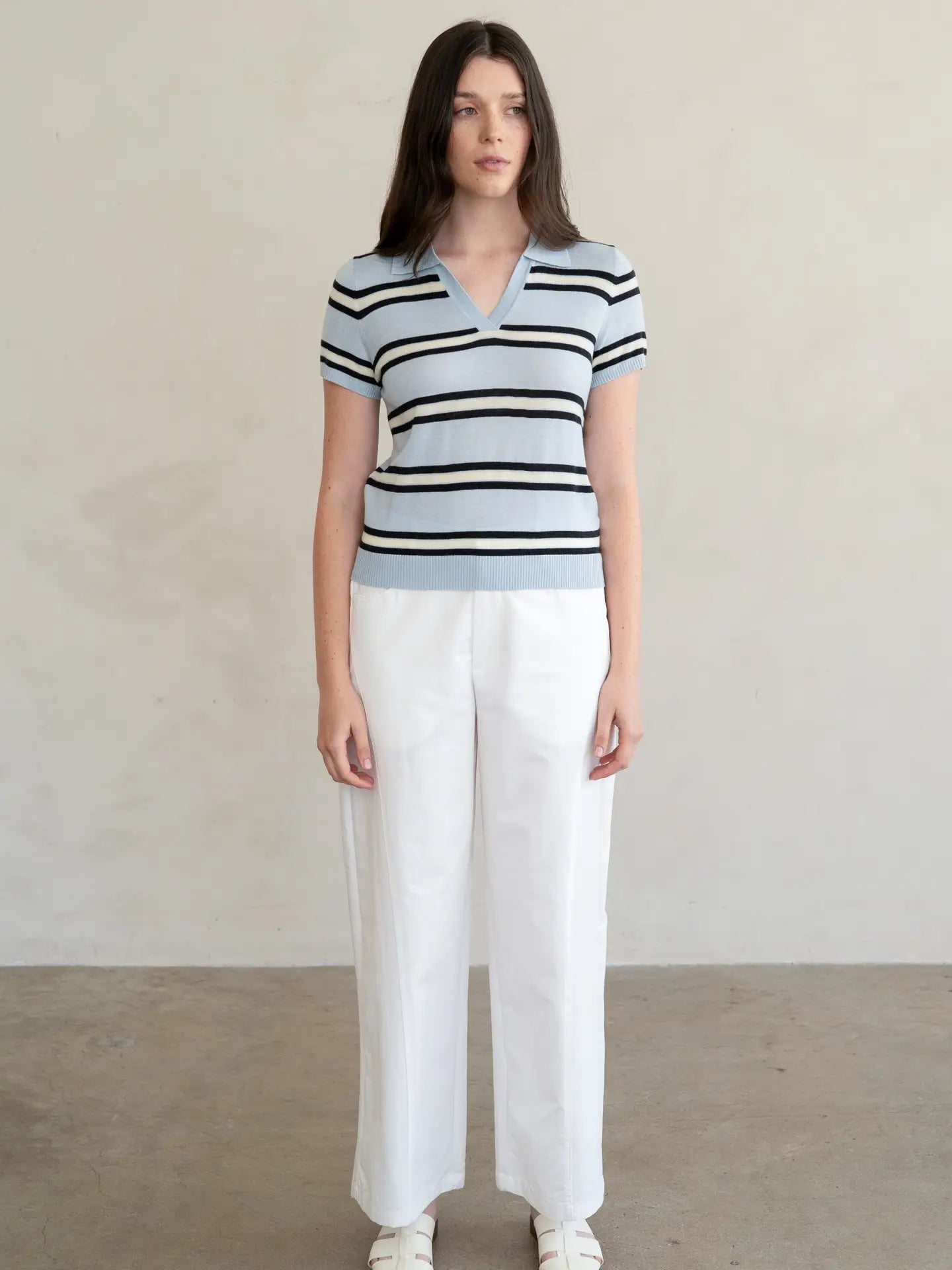 Stripe Johnny Collar Knit Top