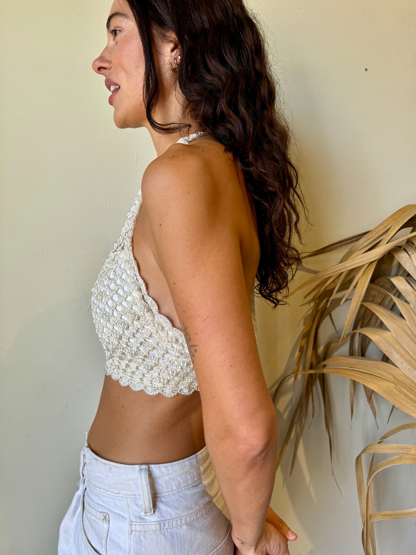 side view white crochet beaded halter top