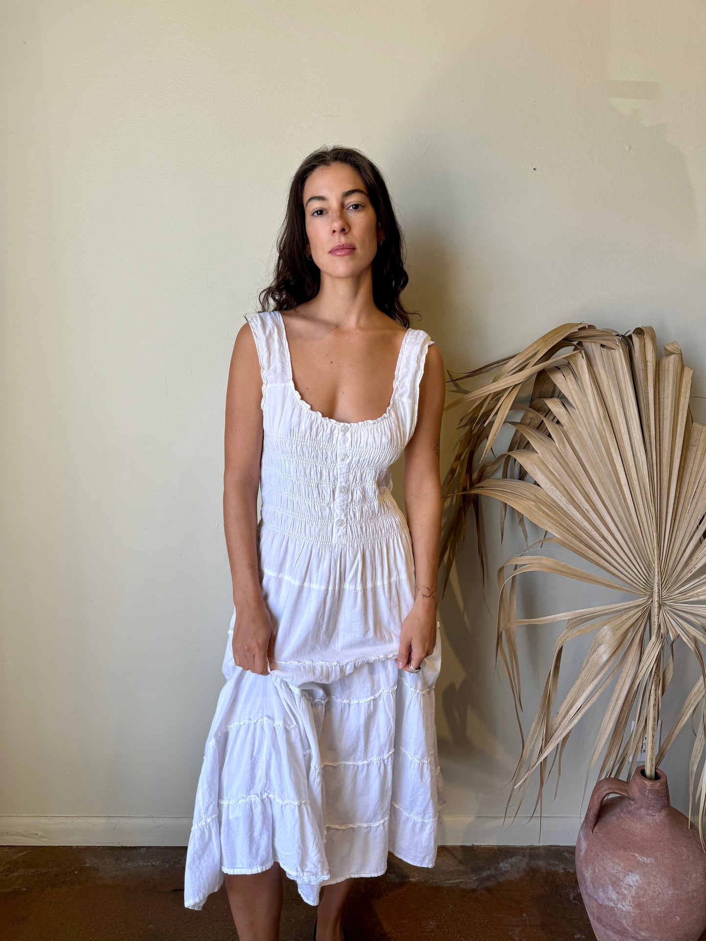 white smocked peasant maxi dress