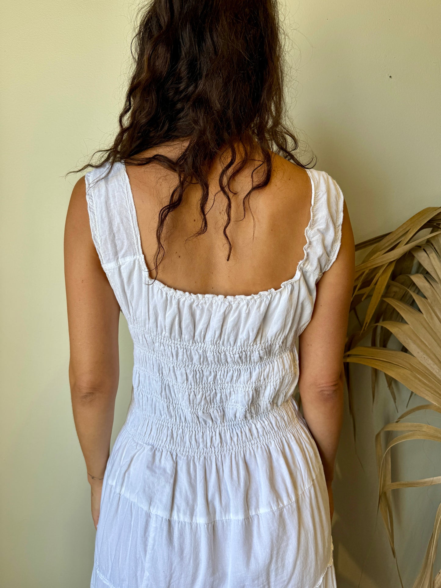 back white smocked peasant maxi dress