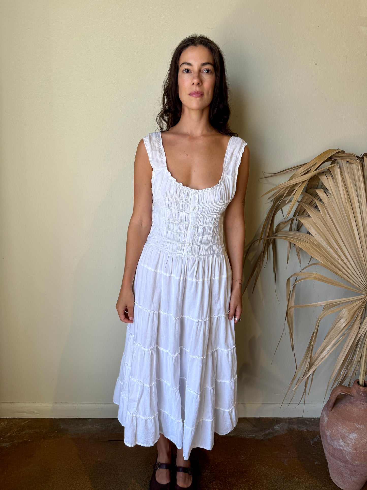 White Smocked Peasant Maxi Dress