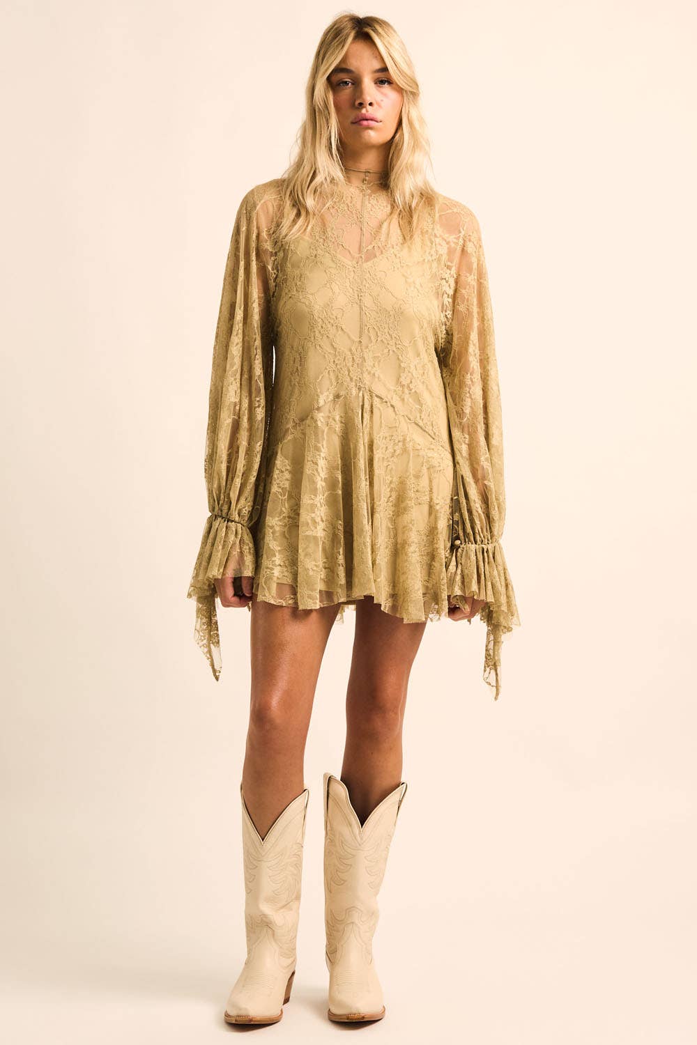 Floral Lace Layered Mock-Neck Bishop-Sleeve Mini Dress