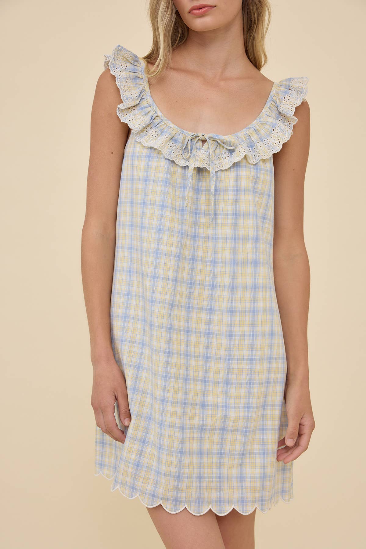 Babe Plaid Embroidered Lace Ruffle Mini Dress