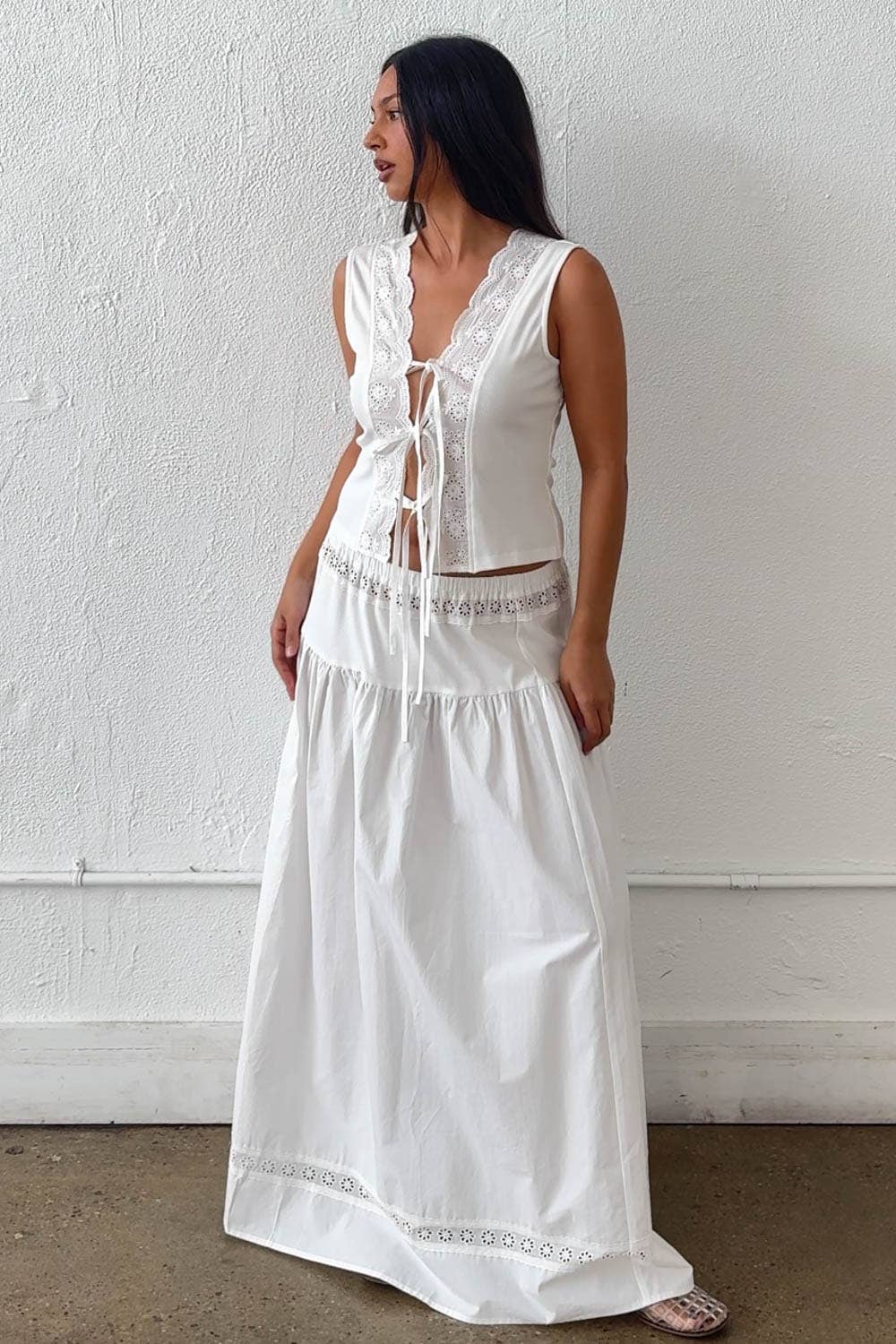 Eyelet Front Ties Vest Top & Maxi Skirt Set