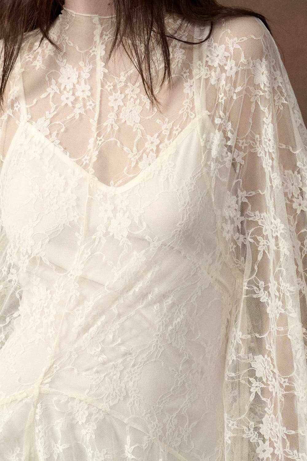 Floral Lace Layered Mock-Neck Bishop-Sleeve Mini Dress