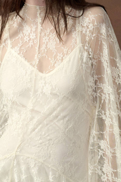 Floral Lace Layered Mock-Neck Bishop-Sleeve Mini Dress