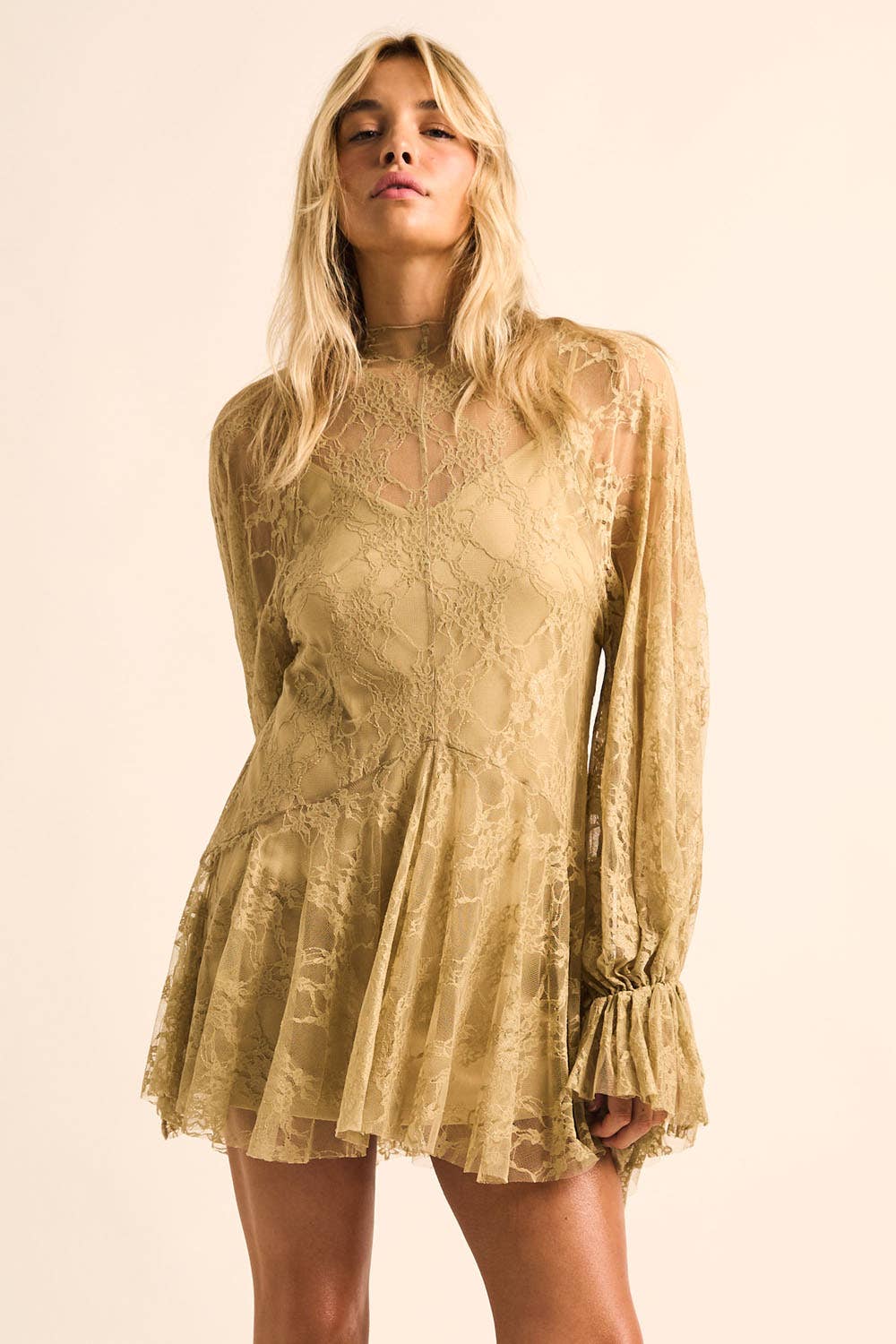 Floral Lace Layered Mock-Neck Bishop-Sleeve Mini Dress
