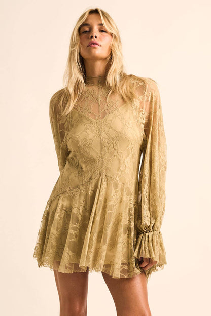Floral Lace Layered Mock-Neck Bishop-Sleeve Mini Dress