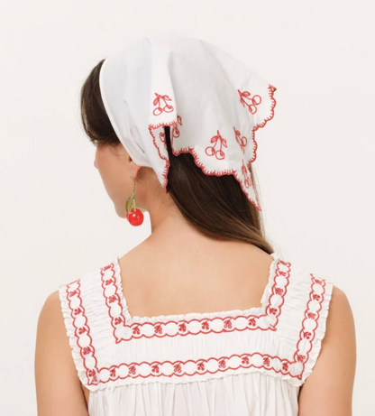 Cherry Embroidered Poplin Headscarf