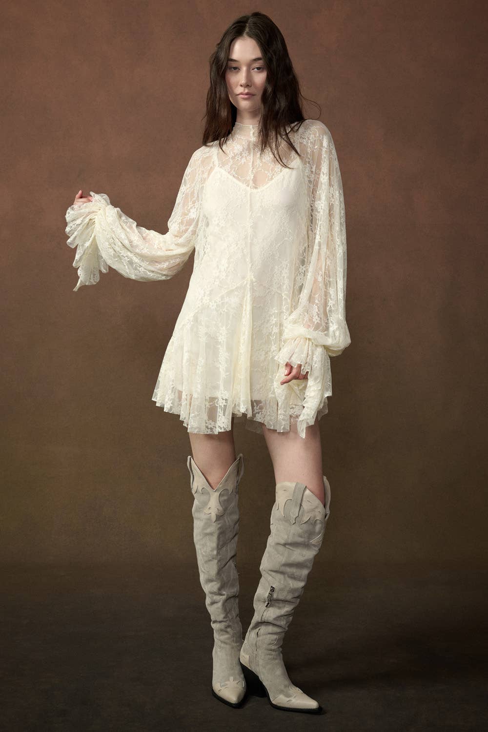 Floral Lace Layered Mock-Neck Bishop-Sleeve Mini Dress