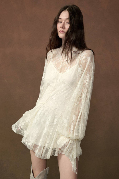 Floral Lace Layered Mock-Neck Bishop-Sleeve Mini Dress