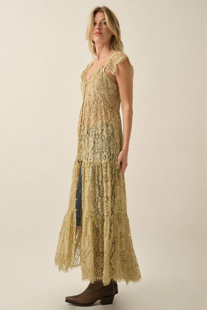 Sheer Floral Lace Button-Front Tiered-Ruffle Maxi Top