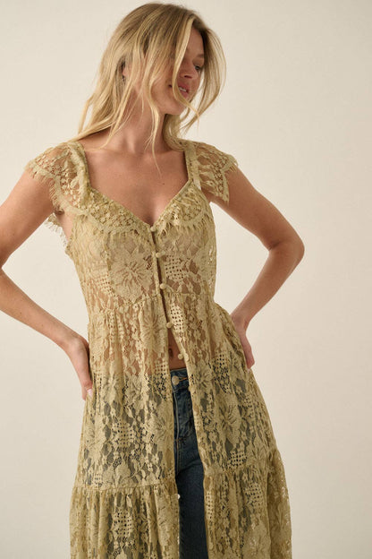Sheer Floral Lace Button-Front Tiered-Ruffle Maxi Top