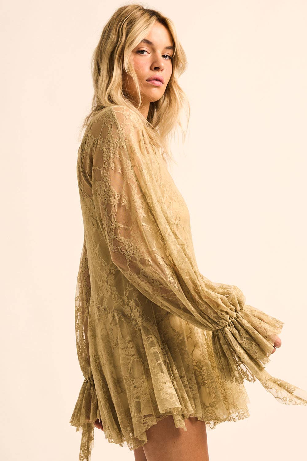 Floral Lace Layered Mock-Neck Bishop-Sleeve Mini Dress