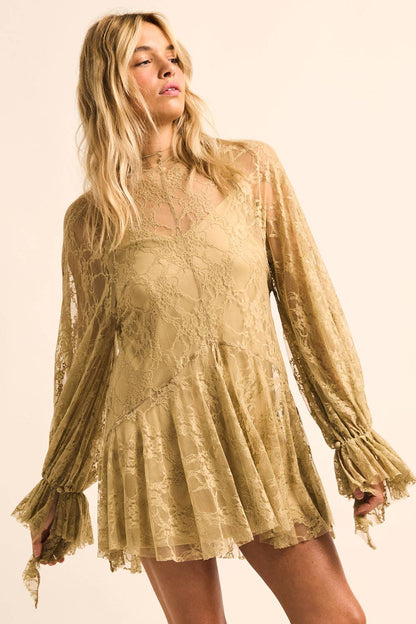 Floral Lace Layered Mock-Neck Bishop-Sleeve Mini Dress