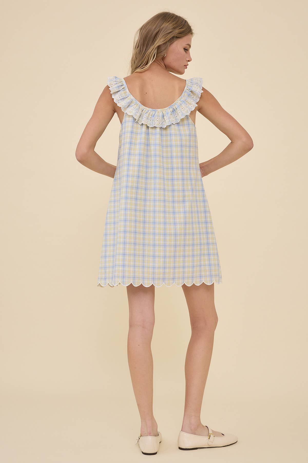 Babe Plaid Embroidered Lace Ruffle Mini Dress