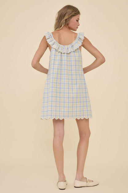 Babe Plaid Embroidered Lace Ruffle Mini Dress