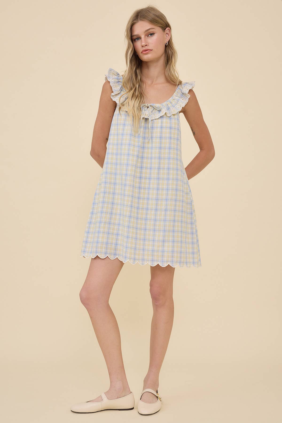 Babe Plaid Embroidered Lace Ruffle Mini Dress