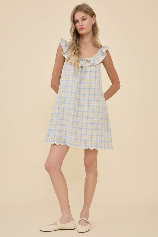 Babe Plaid Embroidered Lace Ruffle Mini Dress