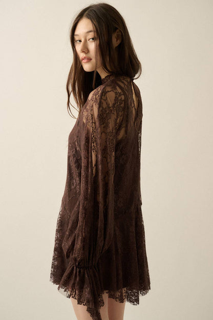 Floral Lace Layered Mock-Neck Bishop-Sleeve Mini Dress
