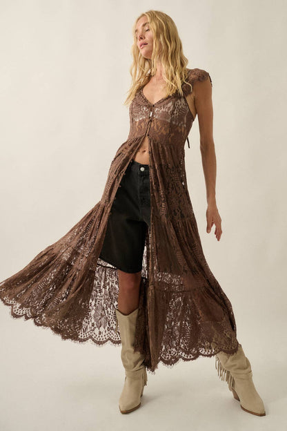 Sheer Floral Lace Button-Front Tiered-Ruffle Maxi Top