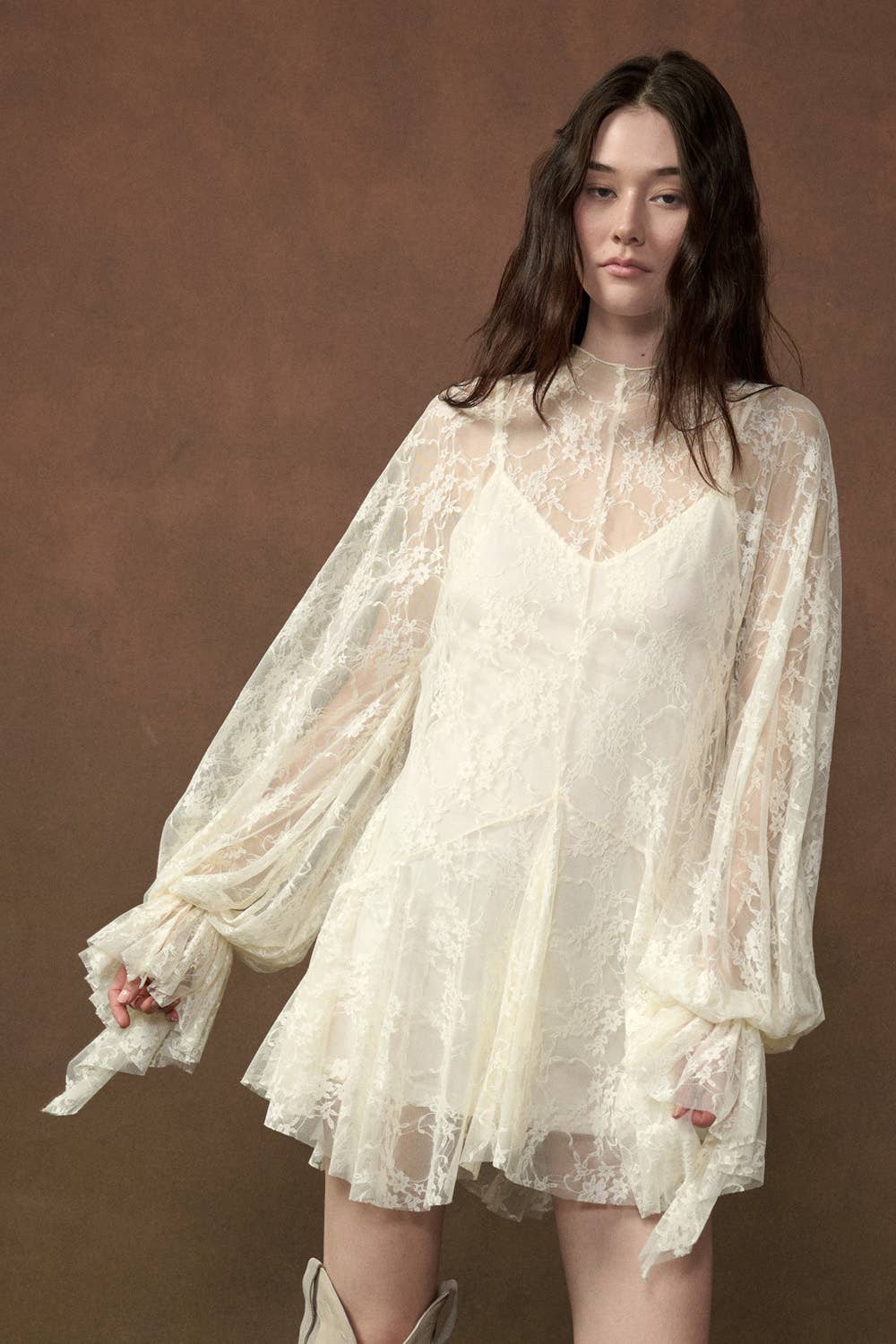 Floral Lace Layered Mock-Neck Bishop-Sleeve Mini Dress
