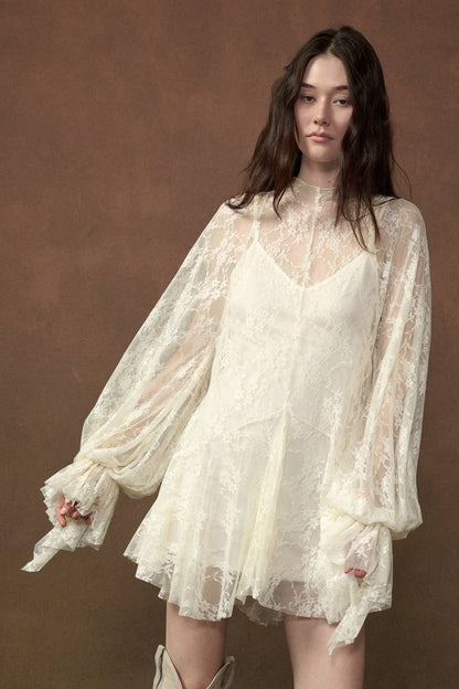 Floral Lace Layered Mock-Neck Bishop-Sleeve Mini Dress