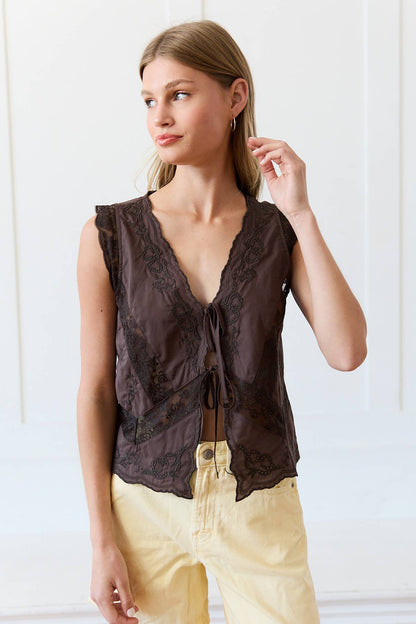 Jamie Lace Trim Tie-Front Top