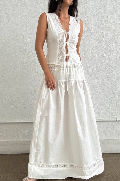 Eyelet Front Ties Vest Top & Maxi Skirt Set