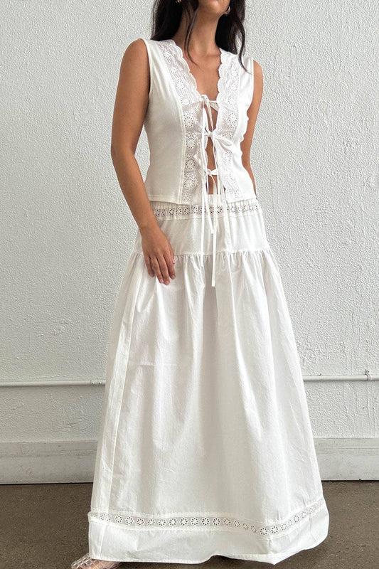Eyelet Front Ties Vest Top & Maxi Skirt Set