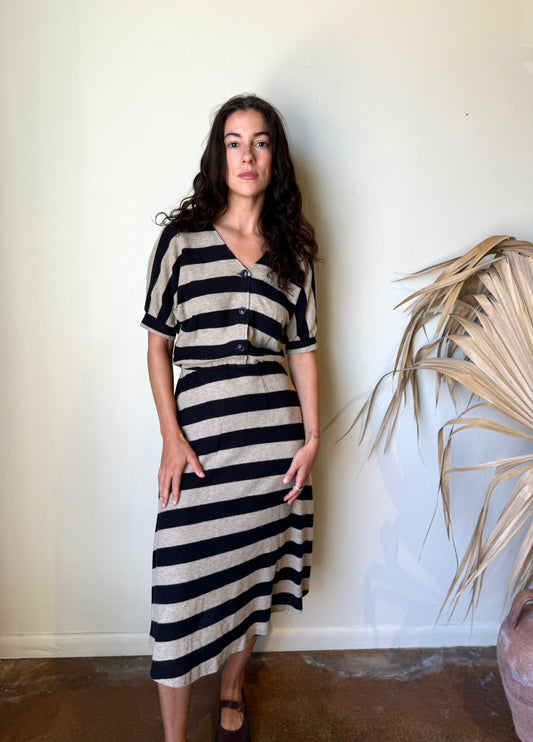 80's tan black striped knit maxi dress