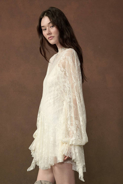 Floral Lace Layered Mock-Neck Bishop-Sleeve Mini Dress