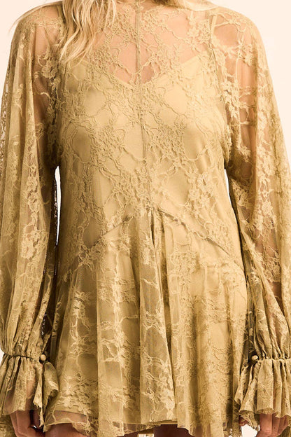 Floral Lace Layered Mock-Neck Bishop-Sleeve Mini Dress