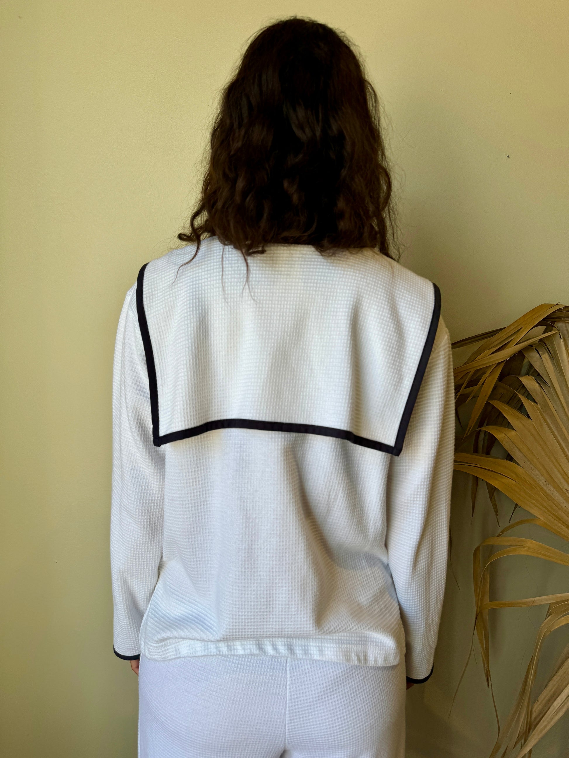 close up back view Nautical White Waffle Knit 2-Piece Set