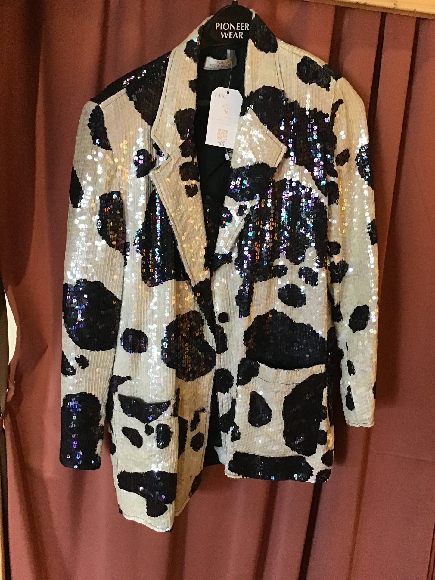 2480 Sandy Starkman Cow Print Sequence Blazer with Black Sequence Tank Top