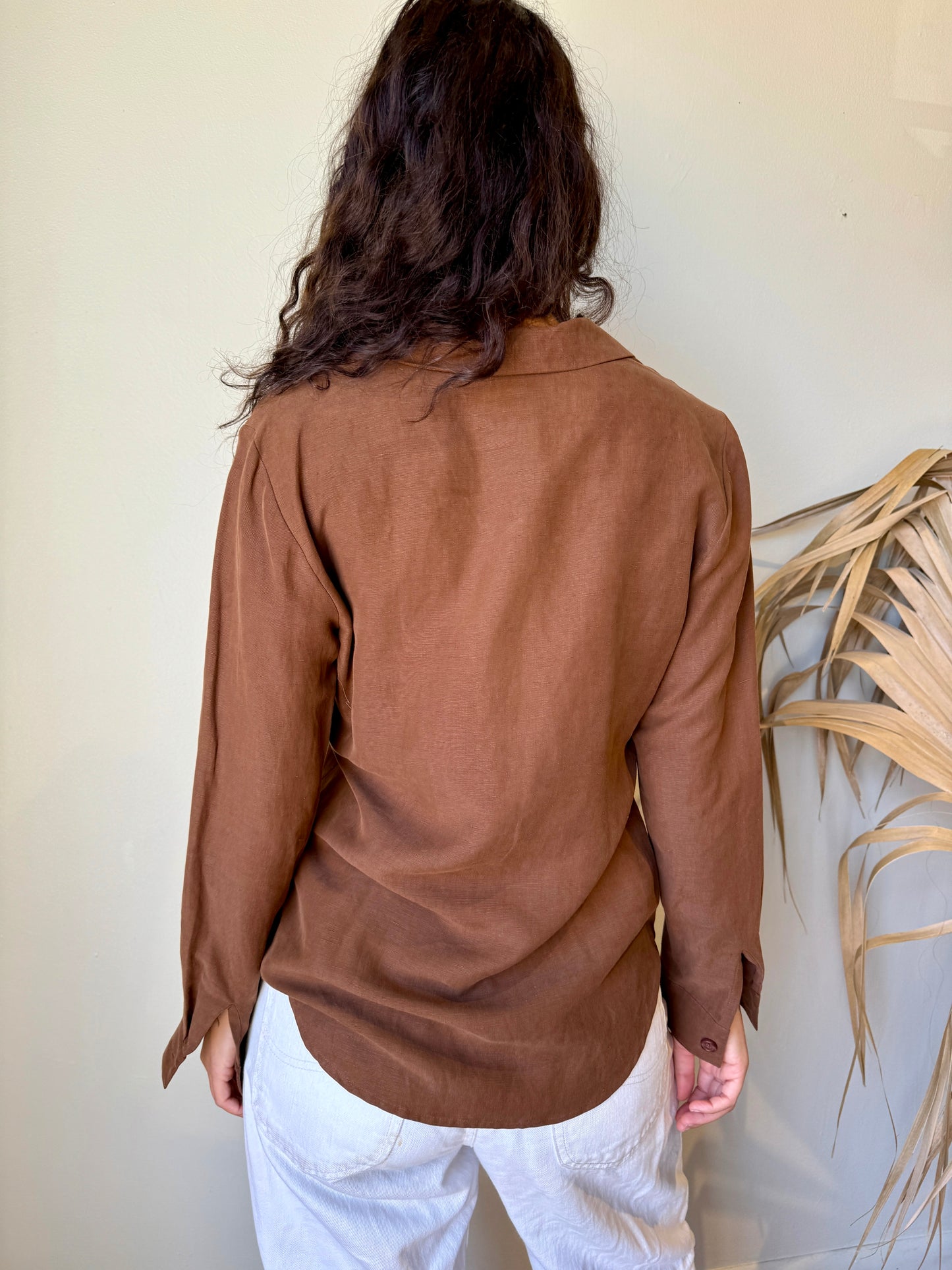 back view dvf brown silk linen top