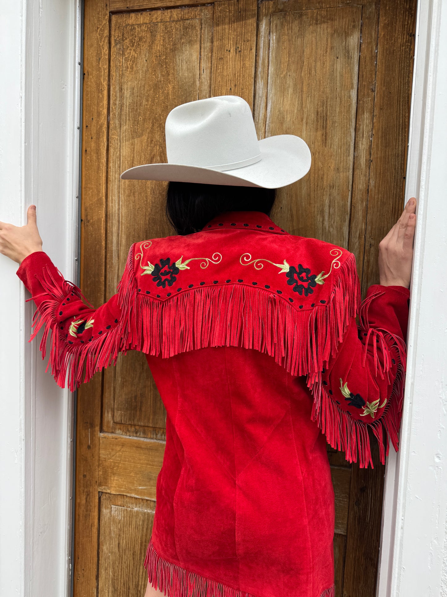 Red Fringe Chain Stitched Suede Jacket Dress