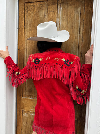 Red Fringe Chain Stitched Suede Jacket Dress