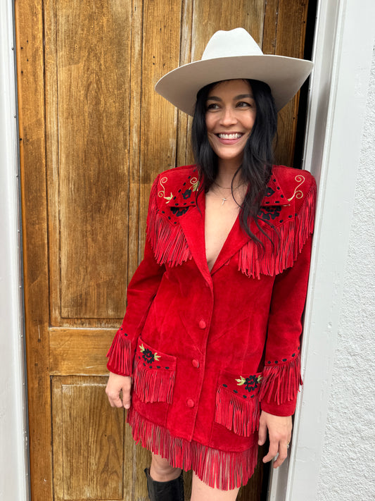 Red Fringe Chain Stitched Suede Jacket Dress