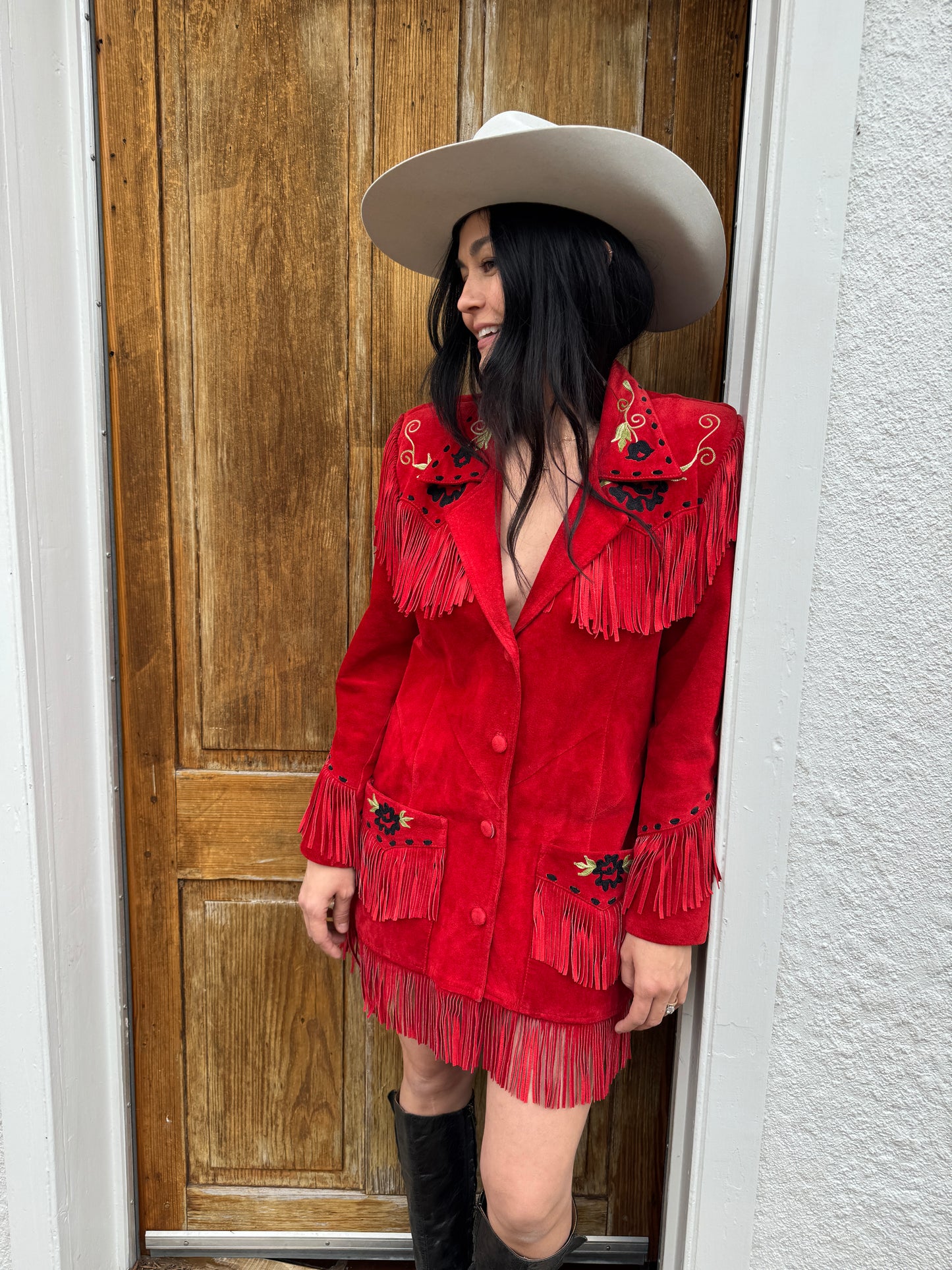 Red Fringe Chain Stitched Suede Jacket Dress