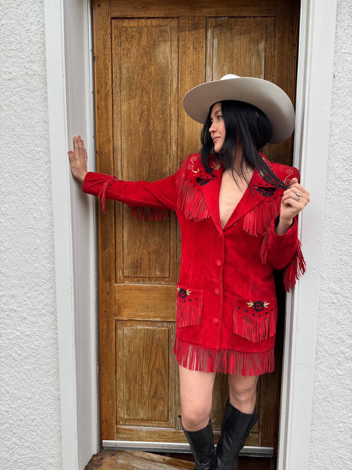 Red Fringe Chain Stitched Suede Jacket Dress