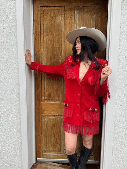 Red Fringe Chain Stitched Suede Jacket Dress