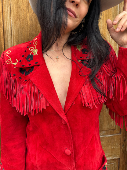 Red Fringe Chain Stitched Suede Jacket Dress